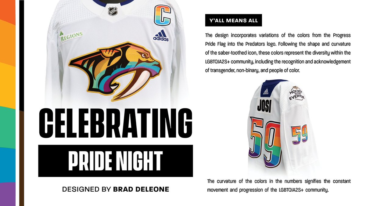 Y’all means all! Tomorrow is PRIDE NIGHT! Text Preds to 76278 to bid on these specialty Pride Jerseys designed by Brad DeLeone! Auction will close at the start of the third period tomorrow night 🌈