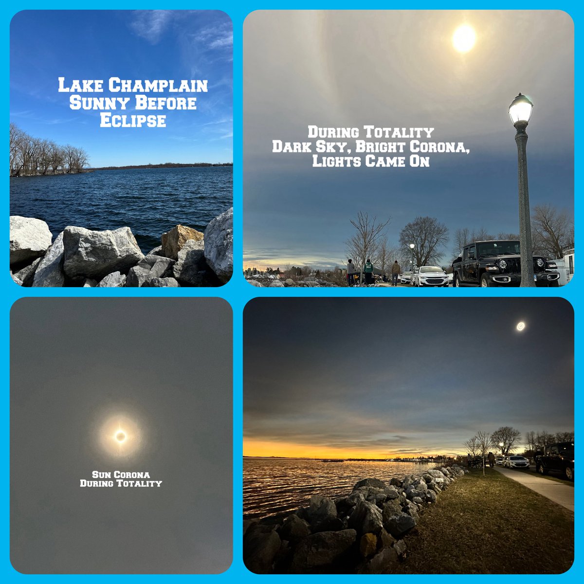 The moment of #solareclipse 100% totality 🌑 sun to darkness, street lights came on, temperature dropped, corona was visible #LakeChamplain @CBSPhiladelphia
