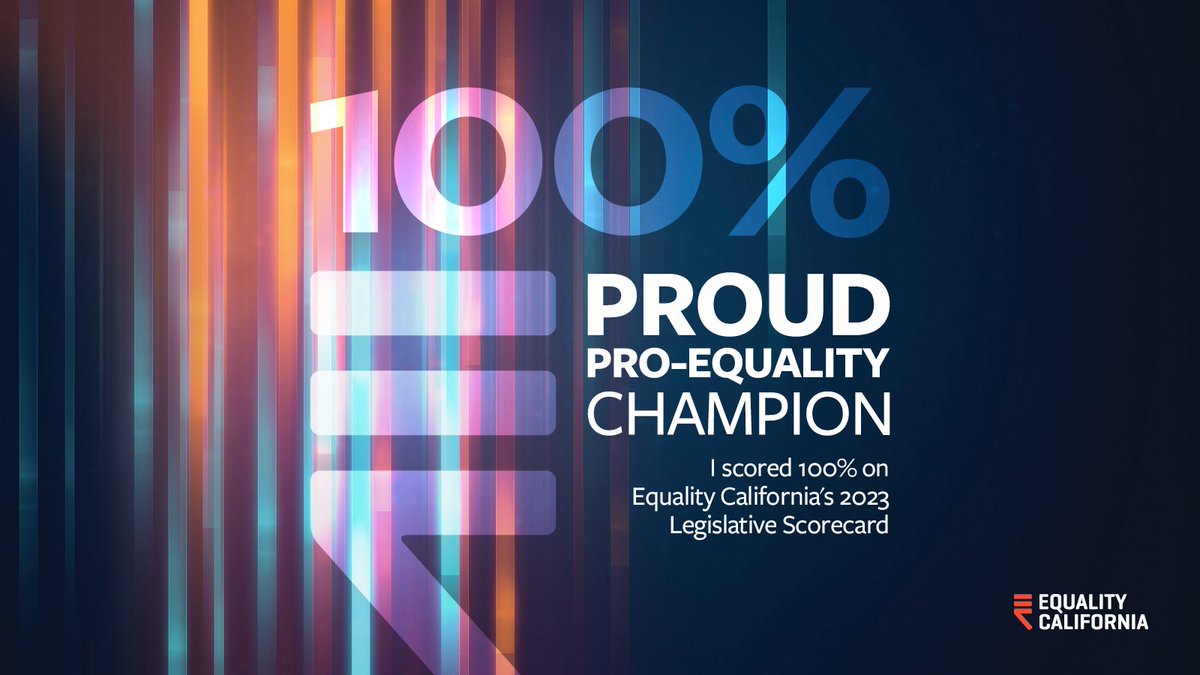 I am happy to announce I have earned a 100% score on the 2023 @eqca State Legislative Scorecard. This year, I am proud to continue that work with #AB2007 to provide transitional housing & support to our unhoused LGBTQ+ youth.
