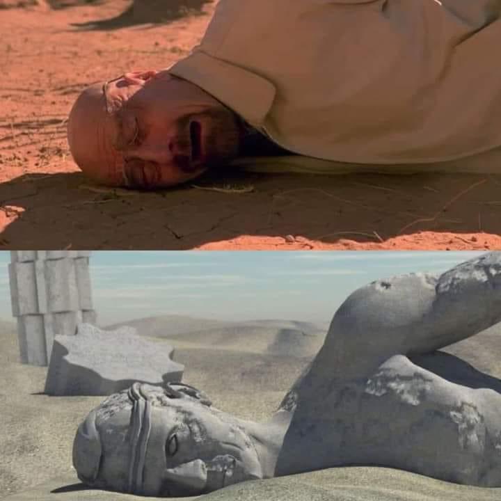 FotosDeFatos's tweet photo. O episódio de Breaking Bad, “Ozymandias” é considerado o melhor episódio da história da televisão.

A palavra é conhecida pelo poema de Percy Shelley, publicado em 1818, que usa a imagem de uma estátua de Ozymandias para descrever o declínio inevitável de todos os líderes e impérios, por mais poderosos que fossem em sua época.

Na série vemos Walter White desabando na areia, como dizem ter acontecido com a famosa estátua. Em 2013, Breaking Bad lançou um curta promocional no qual Bryan Cranston leu o poema inteiro.