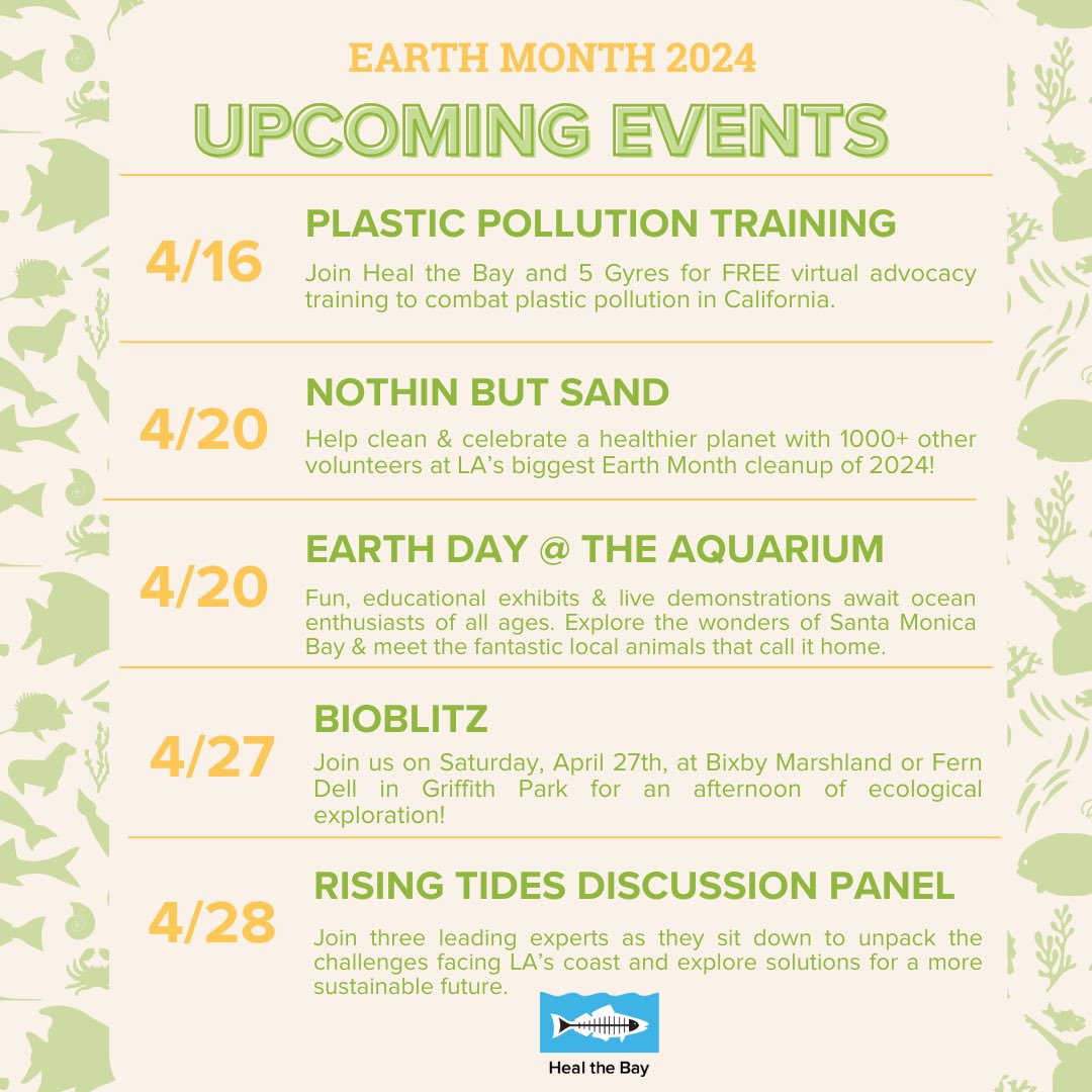 📆Mark your calendars and join Heal the Bay for inspiring Earth Month events! Whether you’re a community champion or a science aficionado, there’s something special waiting for you! 💙 Take action this Earth Month and register now! Healthebay.org/events #earthmonth2024