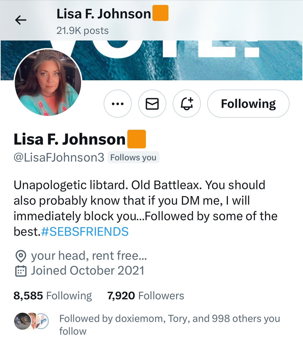 Lisa @LisaFJohnson3 only needs 80 more likeminded followers to reach 8K 💙REPOST💙