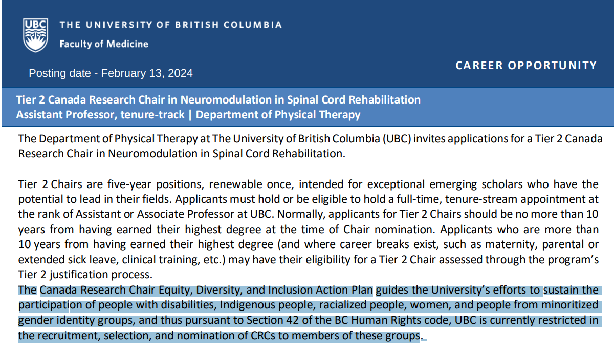 .@UBC is hiring an assistant professor of Neuromodulation in Spinal Cord Rehabilitation

Their search is limited to ''people with disabilities, Indigenous people, racialized people, women, and people from minoritized gender identity groups'' 

@elonmusk I wouldn't hire any UBC