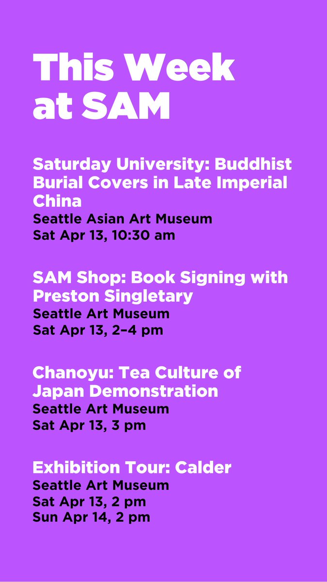😱 Can you believe this season of Saturday University is nearly over? Visit seattleartmuseum.org/calendar to get your tickets to this April's lecture and discover everything else that's happening #ThisWeekatSAM.