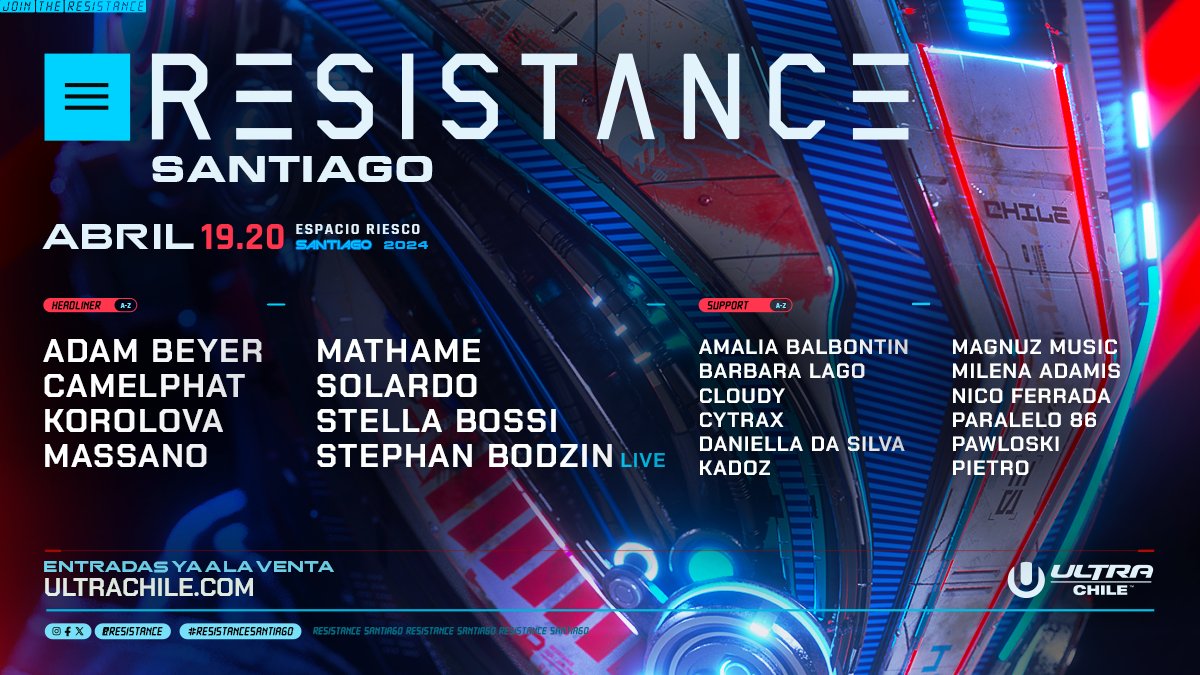 ¡Prepárate para 2 días de RESISTANCE en Chile! El escenario underground más aclamado del festival Ultra vuelve con una explosión de beats y energía. Nos vemos el 19 y 20 de abril en Espacio Riesco Entradas a la venta en ultrachile.com 🎫 @Ultra_Chile #UltraChile