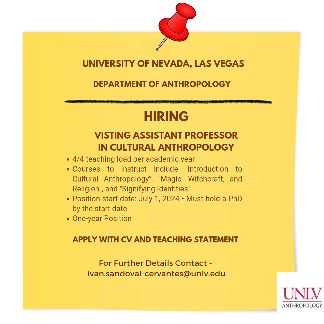 UNLVanthro's tweet photo. We're searching for passionate scholars to join us as Visiting Assistant Professors for the 2024-2025 academic year.  #UNLVAnthro #CulturalAnthropology #UNLV 
https://t.co/JYPmNbZKrk https://t.co/pmwWk60i7O
