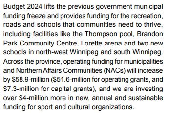 My PC MLA Bob Lagassé hasn’t read the provincial budget that has been tabled. The Lorette arena funding is mentioned right there. The @mbndp have done more in Dawson Trail in 6 months than he has done in 8 years. Said no to Sio, Seniors Advocate, and arena funding. #mbpoli