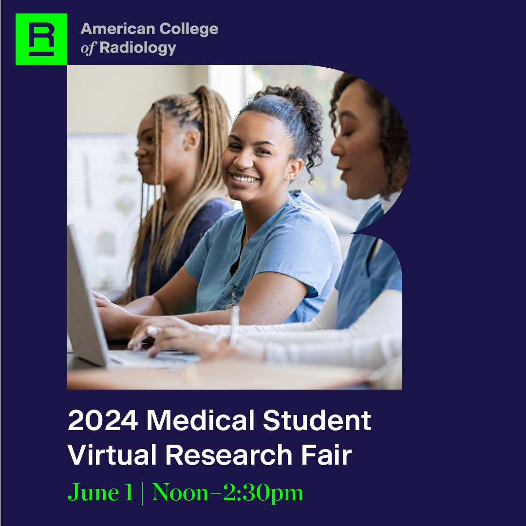 Fayhaa Doja (@dojafayhaa) on Twitter photo 📢Attention #futureradres
Make sure to register for the <a href="/RadiologyACR/">American College of Radiology</a> Medical Student Research Fair! Submit your research using the link below by April 28! Hope to see you there!
Submit Your Research
➡️bit.ly/ACRSubmission
Register for Fair
➡️bit.ly/ACRRegistration 📢Attention #futureradres
Make sure to register for the <a href="/RadiologyACR/">American College of Radiology</a> Medical Student Research Fair! Submit your research using the link below by April 28! Hope to see you there!
Submit Your Research
➡️bit.ly/ACRSubmission
Register for Fair
➡️bit.ly/ACRRegistration