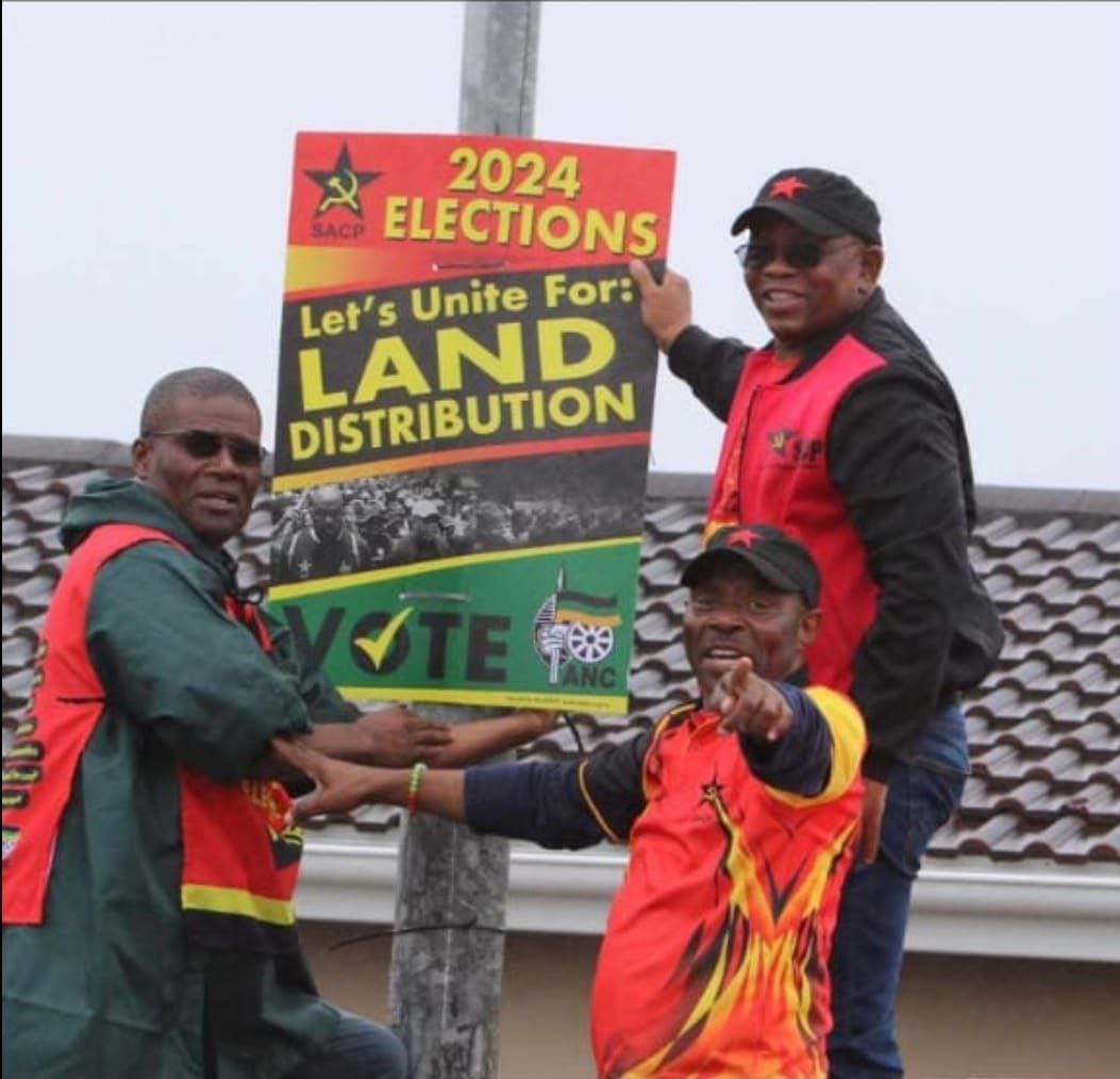 Working in the torrential rain, SACP First Deputy General Secretary Madala Masuku with Central Committee Member Pumsile Justice 'PJ' Mnguni and SACP Eastern Cape Provincial Secretary Xolile Nqatha. #VoteANC #VOTEANC2024 #VOTEANC29May2024 #Vote2024