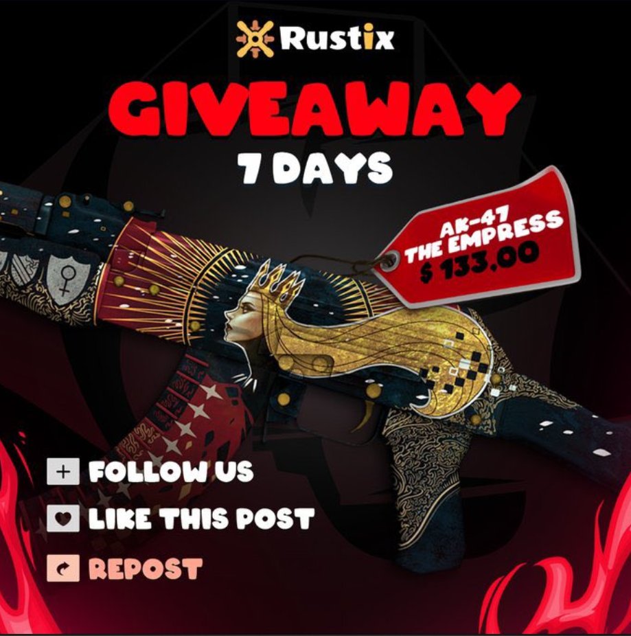 💰$133 Csgo Giveaway
🎁AK-47 The Empress

📌TO ENTER:

✅Follow me & @Rustix_io 
♻️Retweet
👬Tag a 1 friend

⏰Ends in 7 days  
#CSGOGiveaway #CSGOGiveaways #CS2Giveaway #CS2Giveaways #CSGO #CSGO2 #CS2Giveaway