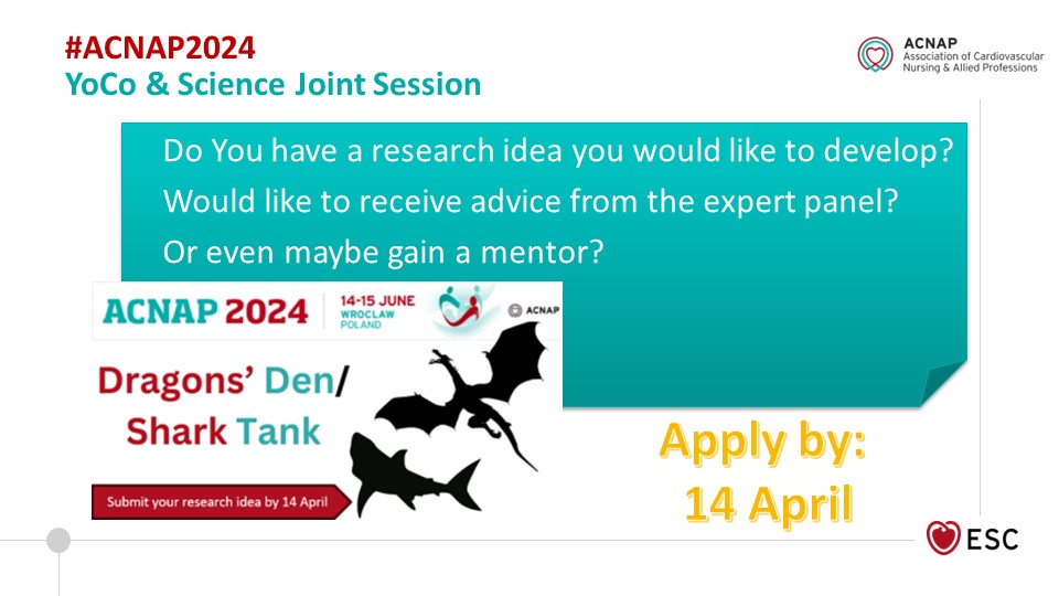 Going to #ACNAP2024!?
Want to do research but need advice?
Check out the Dragons' Den / Shark Tank a #ACNAP_YoCo & #Science_Committee Joint Session:
escardio.org/Sub-specialty-…
Submit your idea by 14 April!!
@tsetsare @BulckLiesbet @angela_massouh @ACNAPPresident @IzaUchmanowicz