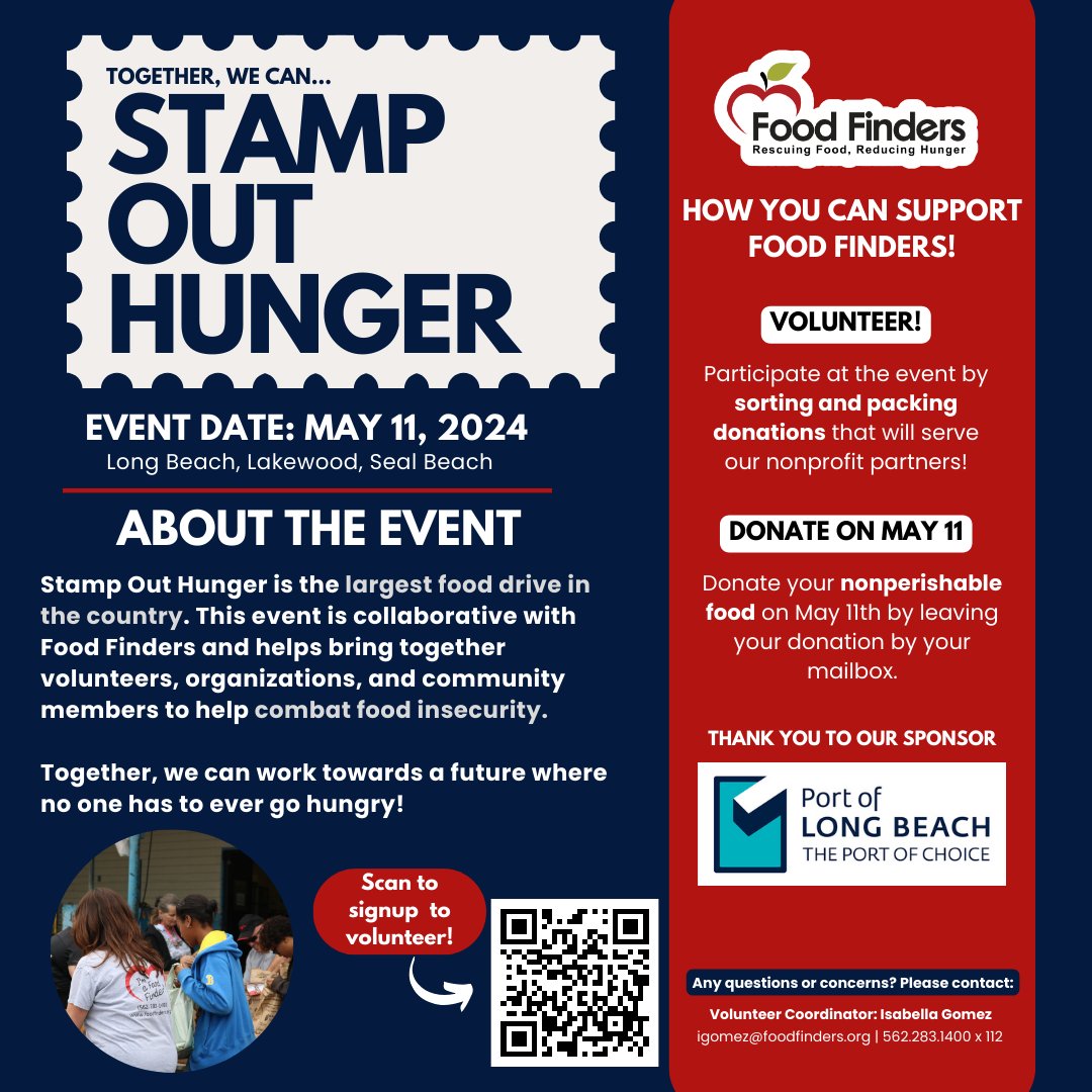 📣 Calling all volunteers! Food Finders needs your help for Stamp Out Hunger on May 11. Join us at one of three post office locations in Long Beach, Lakewood, and Seal Beach to pack and sort food donations. forms.gle/qWqmqLYUQyLifU… #StampOutHunger #Volunteer #FoodFinders