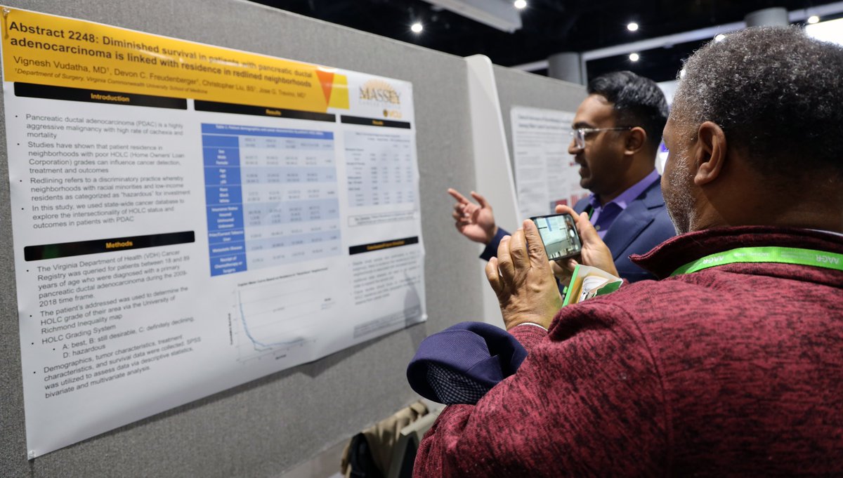 VCU Massey Comprehensive Cancer Center (@vcumassey) on Twitter photo Massey surgical resident <a href="/Vignesh02079389/">Vignesh Vudatha</a> shares with <a href="/DrRobWinn/">Dr. Rob Winn</a> how living in redlined neighborhoods is linked to diminished survival in patients with the most common type of pancreatic cancer. #AACR24 Massey surgical resident <a href="/Vignesh02079389/">Vignesh Vudatha</a> shares with <a href="/DrRobWinn/">Dr. Rob Winn</a> how living in redlined neighborhoods is linked to diminished survival in patients with the most common type of pancreatic cancer. #AACR24