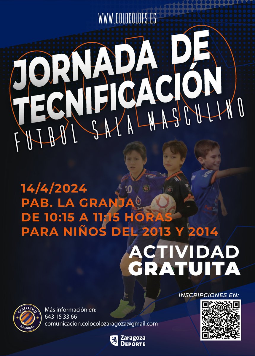 ⚽️ Jornada de tecnificación - Masculino ⚽️ ℹ️ Con jugadores del Full Energía Zaragoza (#SegundaDivisiónFS) 👤 Para niños del 2013 y 2014 🗓️ 14/4/2024 ⌚️ De 10:15 a 11:15 horas 🏟️ Pab. La Granja 🆓 Actividad gratuita 📝 Inscripciones en: 🔗 docs.google.com/forms/d/e/1FAI… #VamosColo