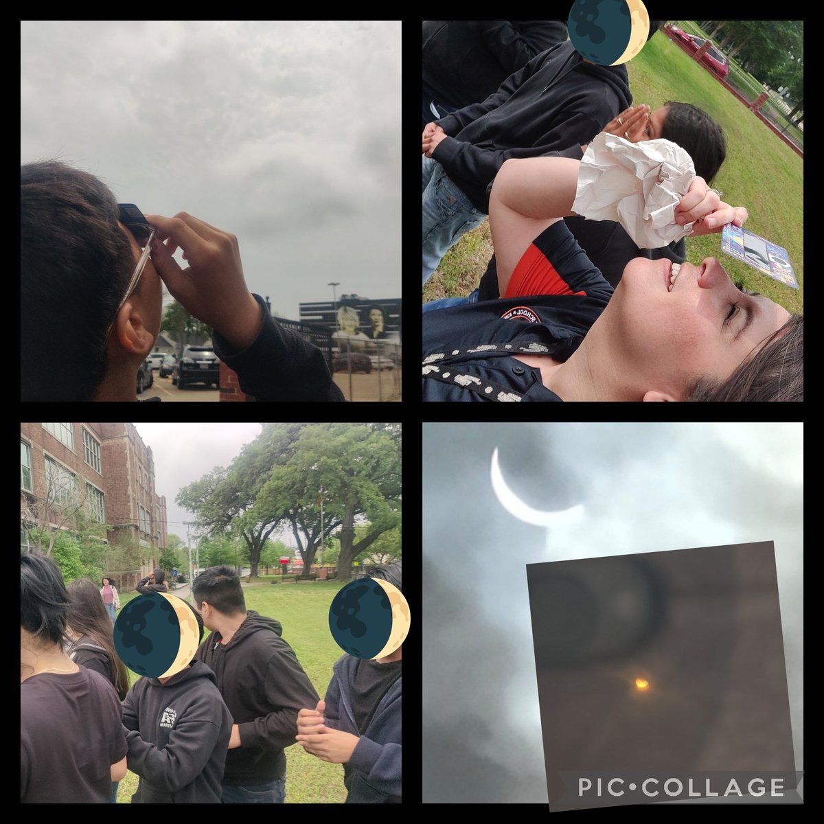 🌥️The clouds parted just enough to see the eclipse.🌑 I'm blessed to share this special event with my students.😊😁 These 10 minutes made our day. Their reactions were priceless. 🧡🐆🖤