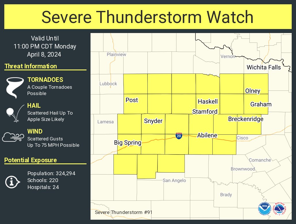 A severe thunderstorm watch has been issued for parts of Texas until 11 PM CDT