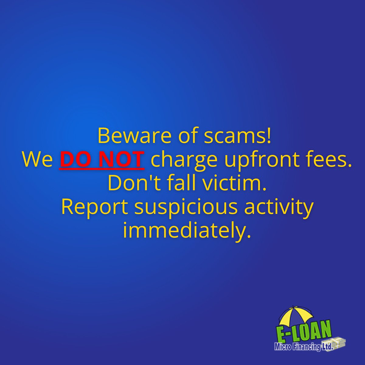 Protect yourself from scams! E-Loan MF Limited never charges upfront fees. Stay vigilant and report any suspicious activity.

#ScamAlert #jamaicaloancompany #jamaicacarloan #eloan876 #eloanmflimited