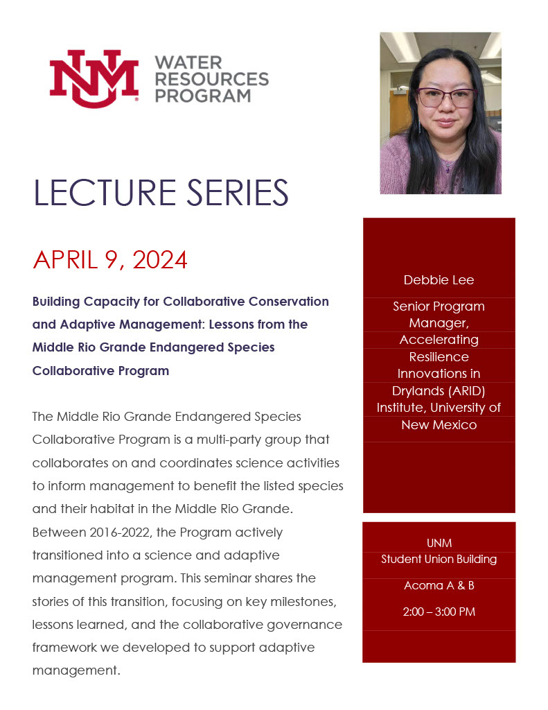 Tomorrow our Senior Program Manager, Debbie Lee, will be giving the Water Resources Program Lecture Series seminar on collaborative conservation efforts in New Mexico. Join us at 2:00 in the UNM SUB.