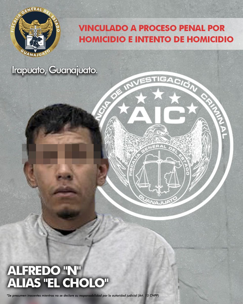 #FGEInforma ALFREDO “N” alias “El Cholo” fue capturado por Agentes de @AIC_Guanajuato El Agente del Ministerio Público presentó elementos de prueba y el inculpado quedó vinculado a proceso penal, por homicidio e intento de homicidio en #Irapuato.