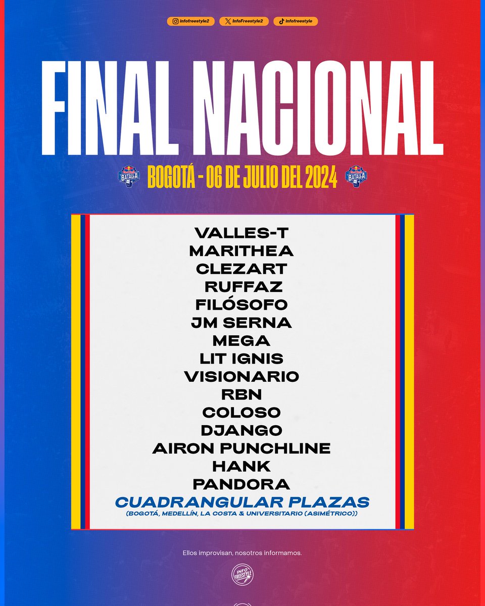 ¡Red Bull Batalla Colombia 🇨🇴! Ya conocemos de manera oficial a los 15 participantes para la Final Nacional colombiana.🏆 En la imagen podrán encontrar a los freestylers seleccionados. 🔻 #RedBullBatalla 🇨🇴