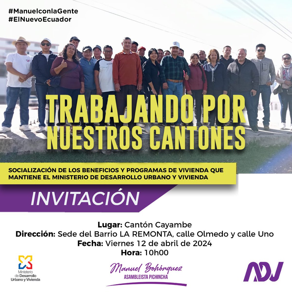 manuelboadn's tweet image. #ElNuevoEcuador
#Manuelconlagente
INVITACIÓN A LA SOCIALIZACIÓN DE LOS BENEFICIOS Y PROGRAMAS DE VIVIENDA.
¡TRABAJANDO POR NUESTROS CANTONES para construir juntos un futuro próspero haciendo muestra del compromiso y amor por mi gente !