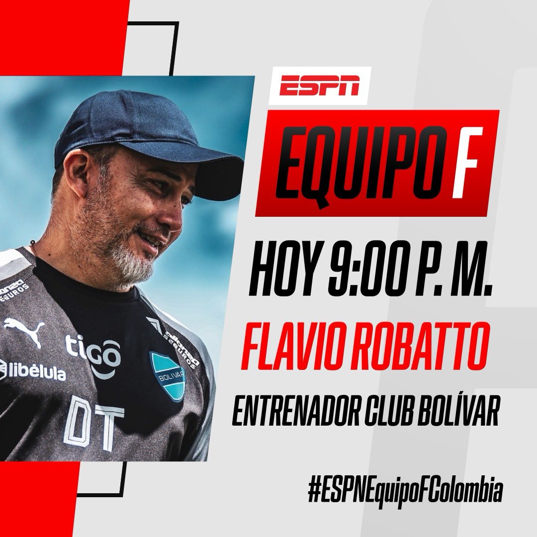 ¡Agéndate con #ESPNEquipoFColombia desde las 9 PM! Flavio Robatto, DT del club Bolívar, será nuestro invitado. ¿Cómo prepara el partido vs. Millonarios? ¡Súmate a los que más saben de fútbol en #ESPNenStarPlus! -> dis.la/ESPNenStarPlus