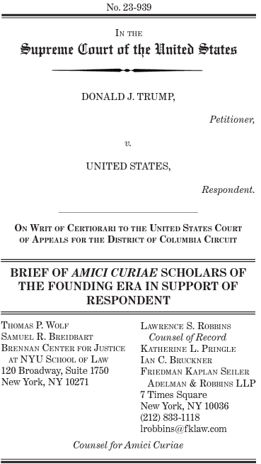 The weight of history is against Trump in his bid for immunity from prosecution for his attempts to overturn the 2020 election. Today 15 historians—including 7 members of @BrennanCenter’s Historians Council on the Constitution—filed a SCOTUS brief making exactly that point. 🧵👇