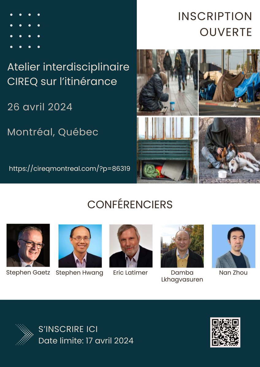 NOUVEAU! Avant l'Atelier interdisciplinaire CIREQ sur l'itinérance, rejoignez-nous à une séance de questions-réponses de 10h30 à 12h00 (inscription requise) pour une discussion approfondie sur le problème croissant sur l'itinérance au Canada. 
cireqmontreal.com/?p=86319