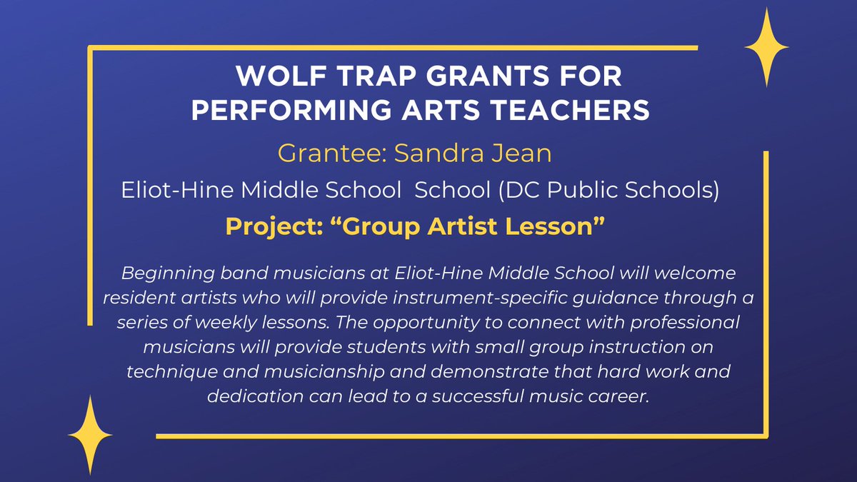Wolf Trap grant recipient Sandra Jean is using her grant to connect professional musicians with @EliotHine Middle School band students to increase their musicianship and introduce them to future pathways in the arts. Learn more ⬇️ @dcpublicschools