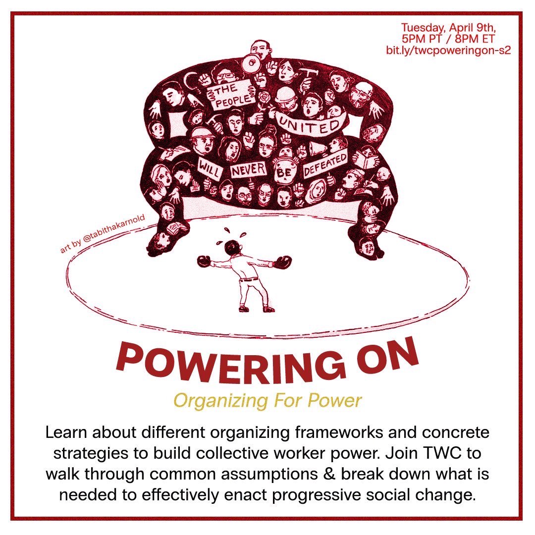 We're back tomorrow for POWERING ON! It's our 6wk political edu and organizing program designed for&by tech workers. ✊ Session 2 - Organizing for Power ✊ what exactly is organizing and how does it work?? Come find out tmrw ;) Register: bit.ly/twcpoweringon-…