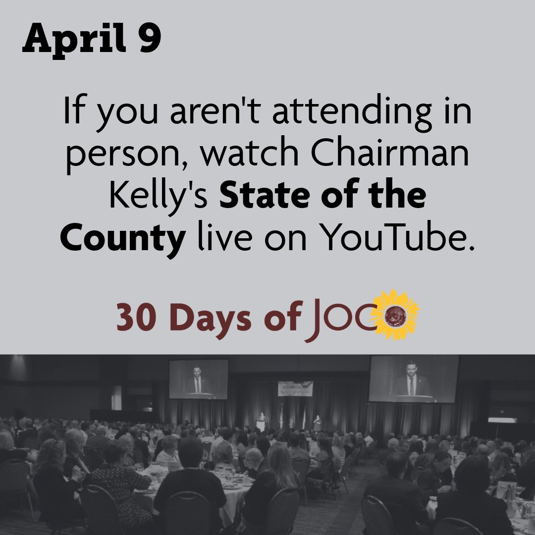 For today's #30DaysOfJoCo activity, tune in LIVE to watch Chairman Kelly's State of the County address!

➡ April 9
➡ Live feed will start shortly after 12 p.m.
➡ youtube.com/@jocogov