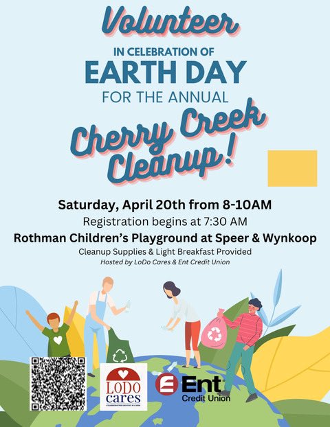 🌎 Please join us for the annual Cherry Creek Earth Day cleanup! Cleanup supplies and light breakfast will be provided. We hope to see you there! #denver #colorado #lodo #lodocares #earthday #cotyofdenver #downtowndenver