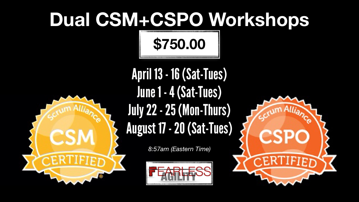Workshops are posted on our website through August 2024. Lots of options!

🎆 🆕 July WEEKDAY Dual CSM+CSPO (Mon-Thurs)🆕🎆

#scrum #Agile #csm #cspo #scrumtraining #April #may #JUNE #july #august #BlackTechTwitter #techtwitter