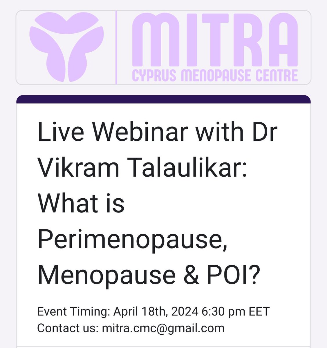 Join me & Kathy Kattashis from Cyprus on 18th April. Kathy founded Mitra - Cyprus Menopause Centre (a non-profit organisation) in 2022 which is dedicated to advocating for unbiased healthcare for menopause. Contact us: mitra.cmc@gmail.com or forms.gle/N6DwHjLBqeV42V…