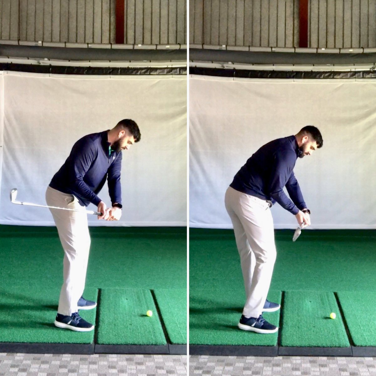 DOWNSWING ROTATION ✅ The following visual an extreme version of the difference, but a big reason why many coaches nowadays like to see their golfers shallow the club in transition is because it will incentivize the body to rotate open, similar to the visual you see on the RIGHT