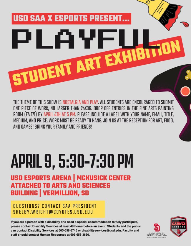 NEW EVENT JUST DROPPED  🚨
(FEATURING ART + FOOD + GAMES)

Join us tomorrow at the USD Esports Arena for the Student Art Exhibition put on by both USD SAA and ourselves! 

The theme of the event is "Nostalgia and Play" and will run from 5:30PM - 7:30PM, we hope to see you there!