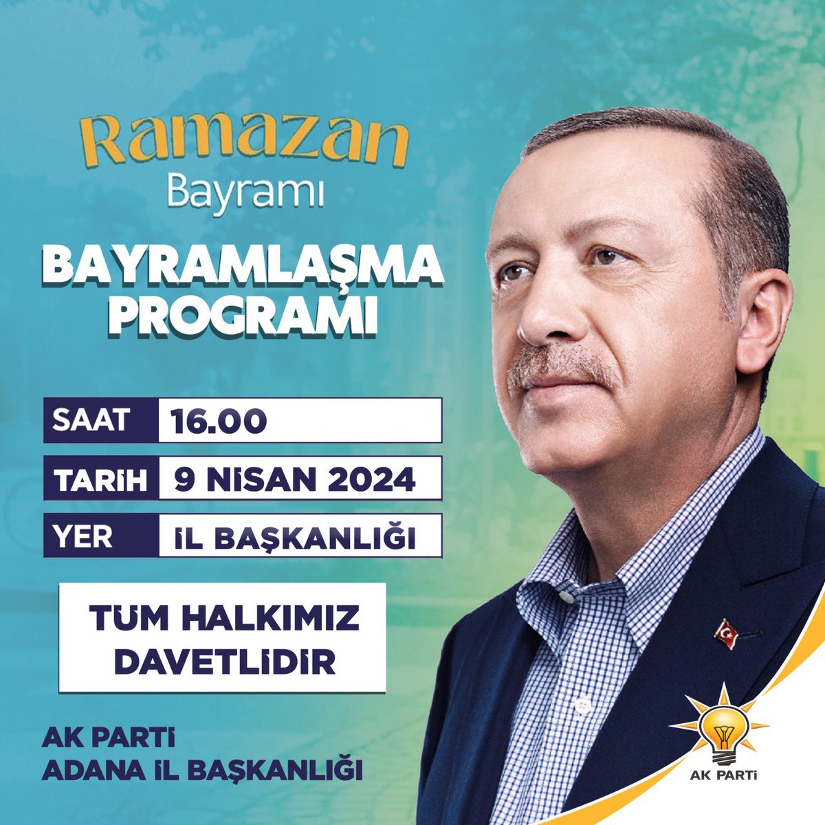 Genel Başkan Yardımcımız ve Parti Sözcümüz Sayın Ömer Çelik ve Milletvekillerimizin katılımıyla, Bugün (9 Nisan, Salı günü), Saat 16.00'da, AK Parti Adana İl Başkanlığı'mızda gerçekleştireceğimiz Ramazan Bayramı bayramlaşma programımıza tüm hemşehrilerimiz davetlidir. 🗓️ 9…