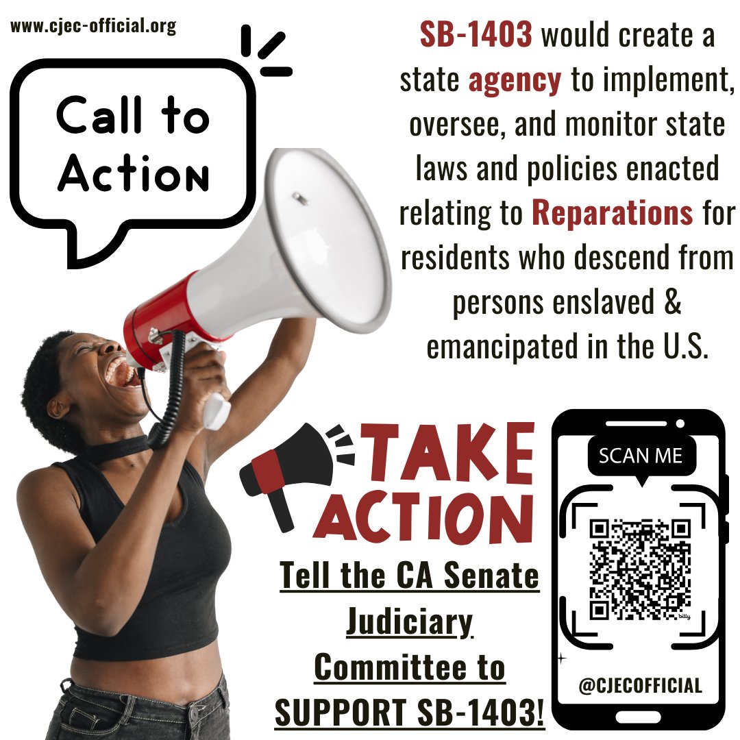 SB1403, a bill to create a state #Reparations agency to implement, oversee, and monitor state laws and policies relating to Reparations will be HEARD by the CA Senate Judiciary Committee on Tues 4/9! 

Take ACTION! Click: bit.ly/SupportSB1403S… #caleg  #SupportSB1403 #lineage