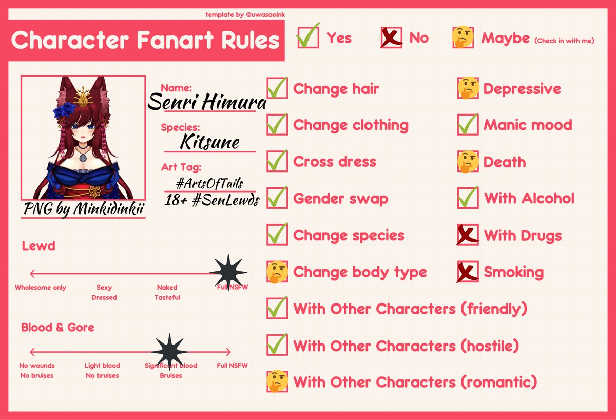 HimuraSenri's tweet photo. I was asked recently about this so just a helpful reference of do's, don'ts and things to check with me on when it comes to fanarts! โค๏ธ
โต #ArtsOfTails โต #SenLewds โต https://t.co/5LZT0zfHLW