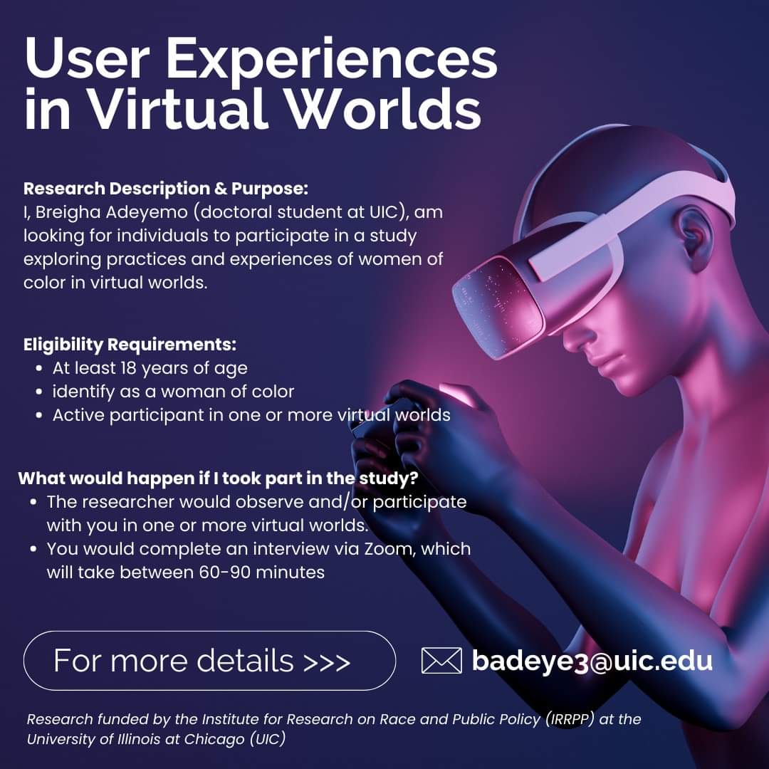 I'm looking for individuals to participate in a study about user experiences in virtual worlds. Compensation will be provided for participants. DM or email me if interested. Please share widely with your networks.