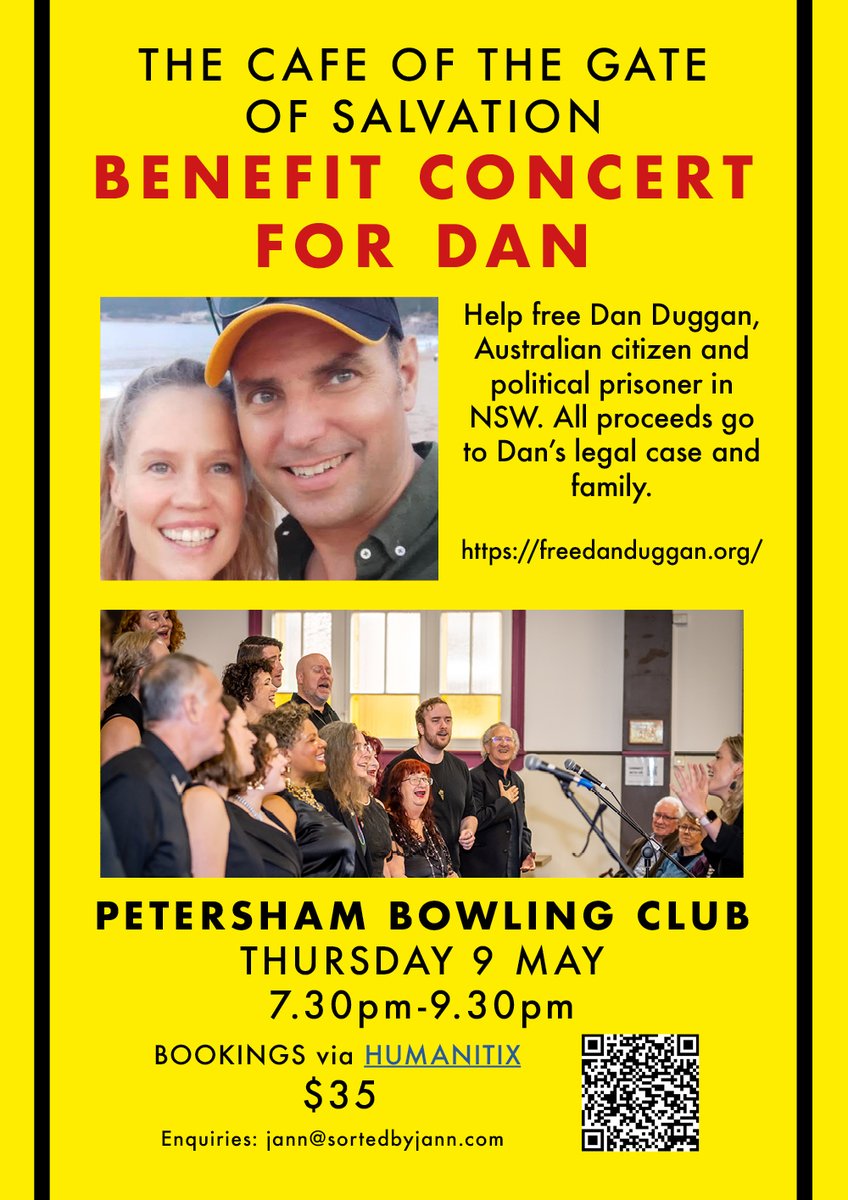 Sydney's legendary a cappella gospel choir Café of the Gate of Salvation, will hold a benefit concert for #FreeDanDuggan on May, 9 at the Petersham Bowling Club at 7.30pm. Please join us and show your support for Dan.
'Inspired by the footstompin’, soulful music of the