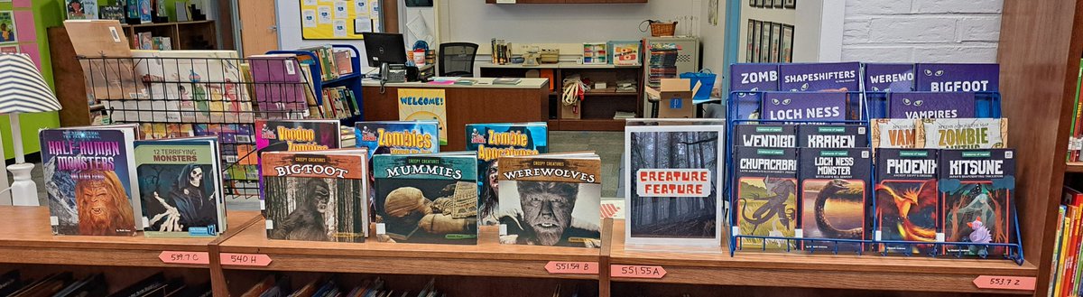 New month=new displays. My 'Creature Feature' display had three books checked out from it by my first morning class. 😊 #MENA #AutismAwarenessMonth #EarthDay2024 @MBRoadrunners @angiewiegers #nkclibraries @nkc