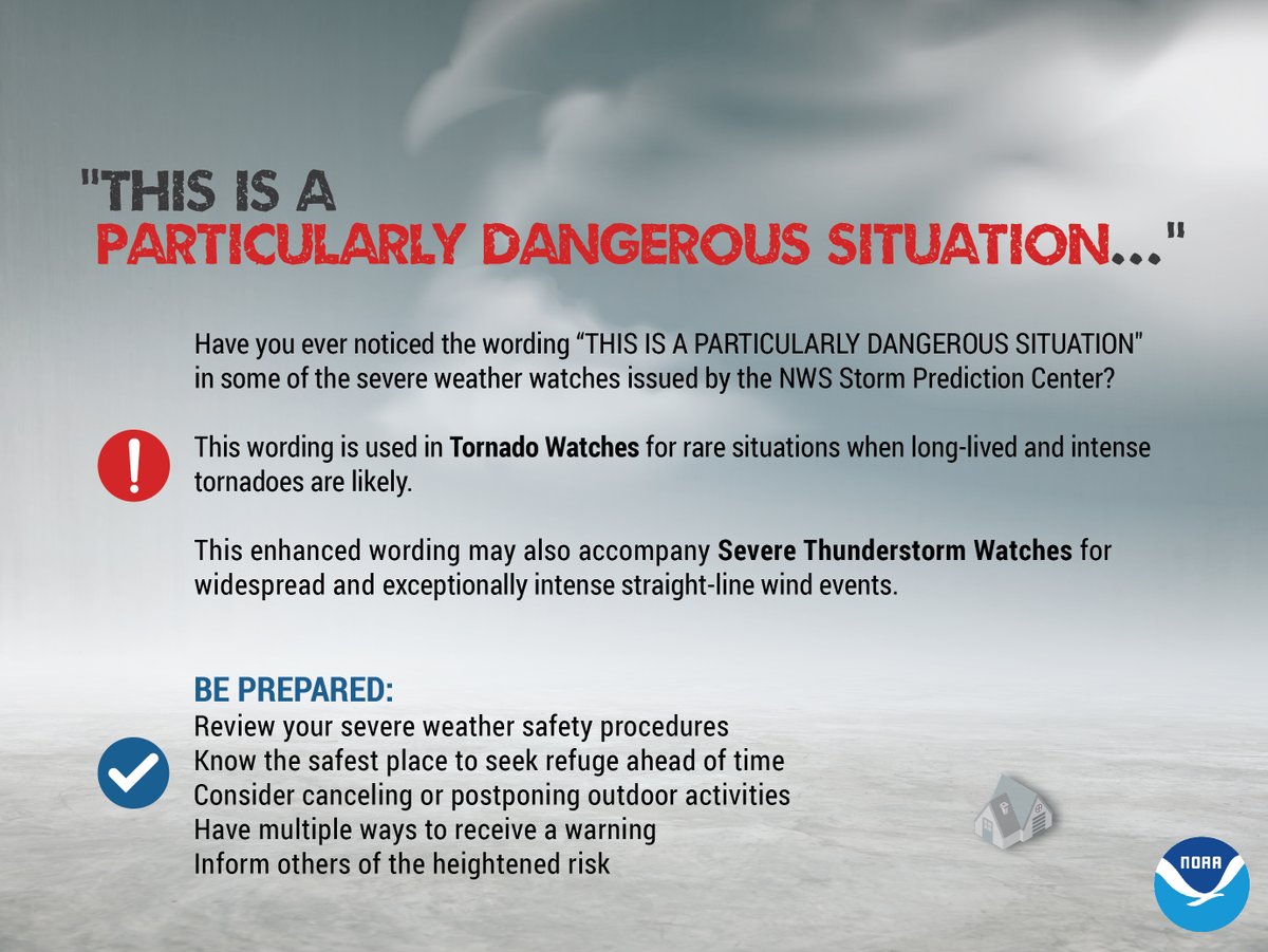 Have you ever noticed the wording “THIS IS A PARTICULARLY DANGEROUS SITUATION” in severe weather watches? Here’s what it means. #WeatherReady