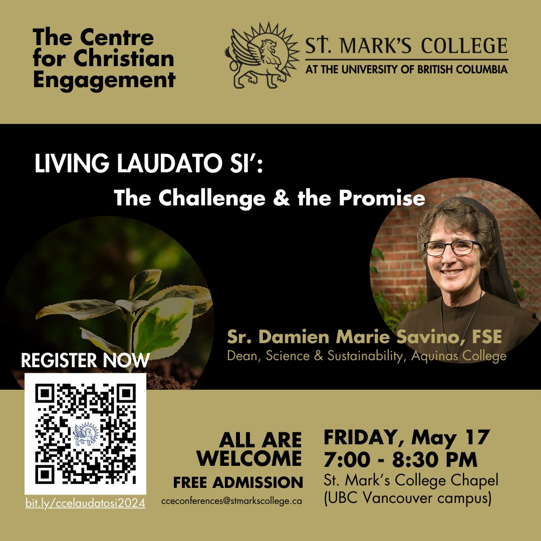 Join is on May 17, as Sr. Damien Marie Savino, offers a public lecture on “Living Laudato Si': The Challenge and the Promise. Registration now: bit.ly/ccelaudatosi20… #laudatosi #sustainability #integralecology #christianengagement