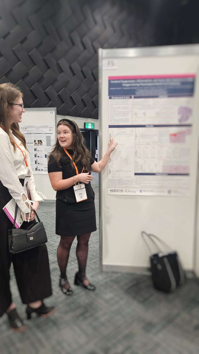 I remember presenting my first <a href="/mypsanz/">PSANZ</a> poster years ago, and now I'm having a proud supervisor moment seeing my first Honours student with their first poster at #PSANZ2024
Zoe presents the cerebral effects of high oxygen during physiological based cord clamping. <a href="/RitchieCentre/">The Ritchie Centre</a>