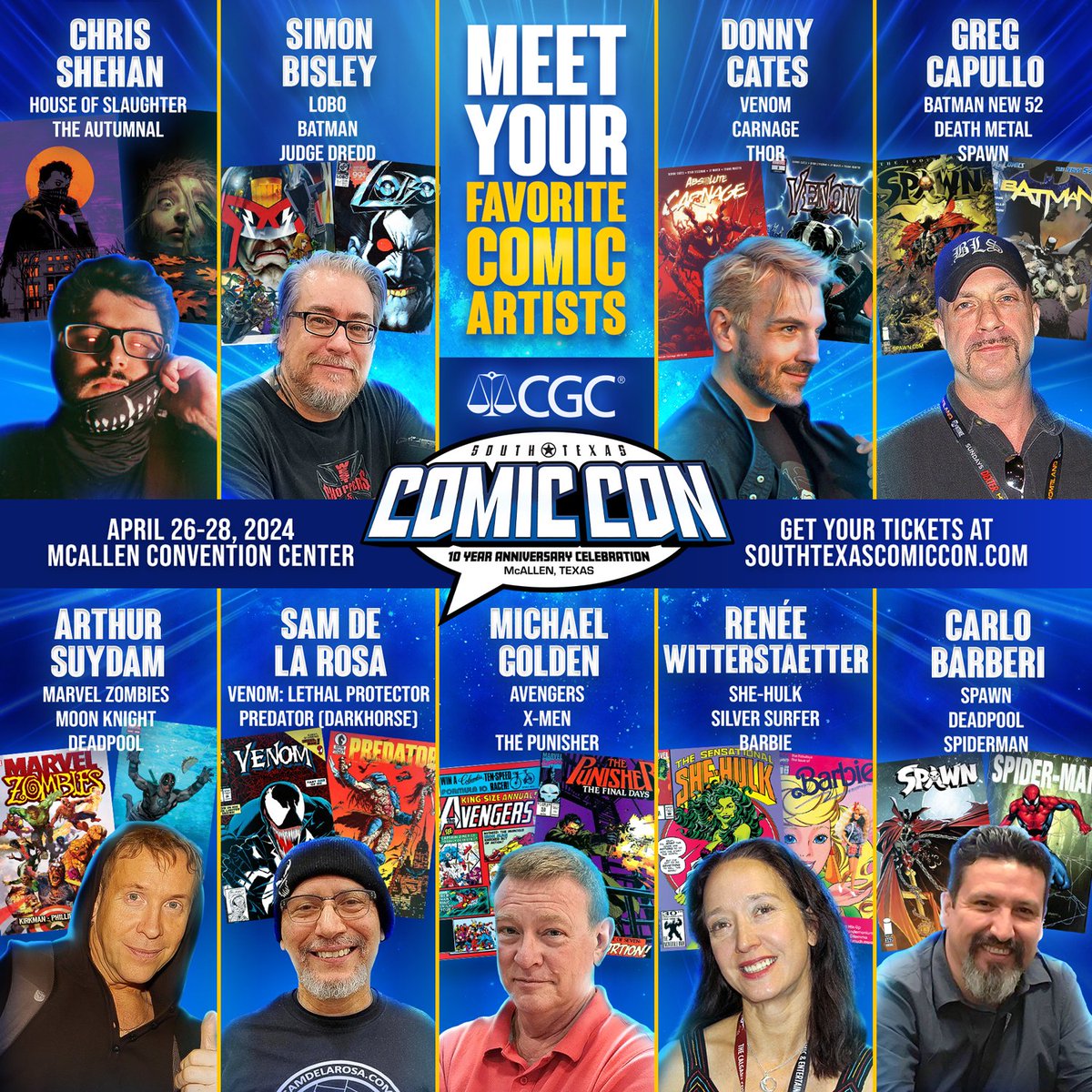 Meet the artistic minds behind Marvel Zombies, Lobo, Venom, X-men and a diverse array of comic artists at South Texas Comic Con 2024! 💥🎨 Don't miss out!
CGC witnessing and grading will be available on site all weekend.

#southtexascomiccon #stxcc #comicbook #comicartist #comics
