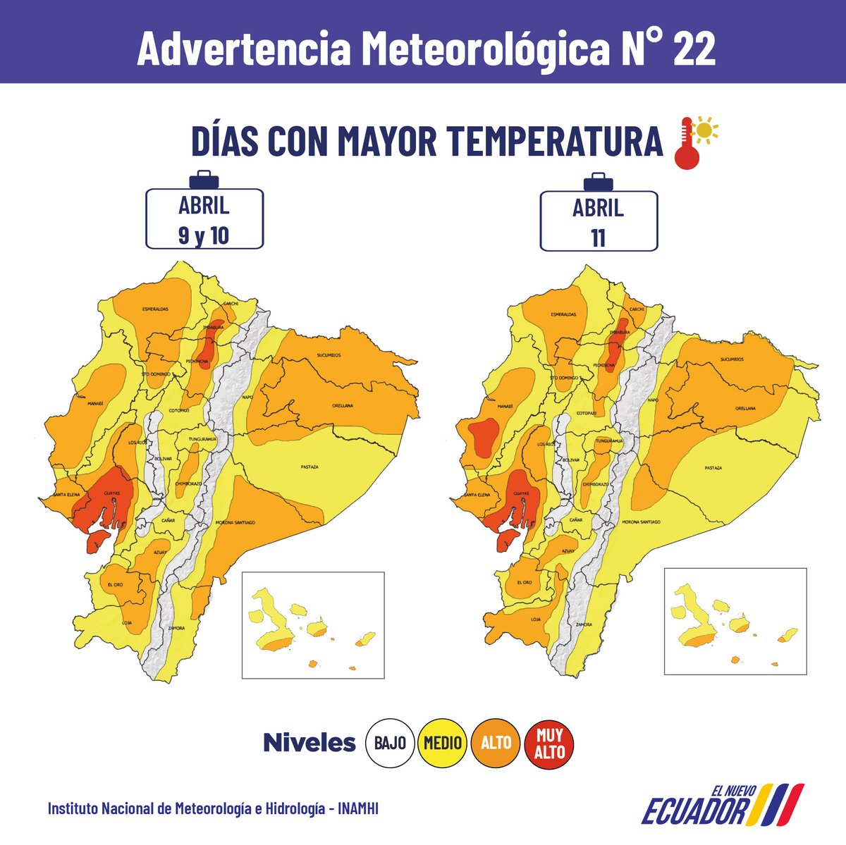 inamhi_ec's tweet photo. #AdvertenciaMeteorologica #22 l Se presentarán muy altas temperaturas y radiación UV, con mayor énfasis en las provincias de Guayas, Manabí y El Oro, norte de la Sierra (Imbabura, Pichincha) y Amazonía (Sucumbíos, Napo, Orellana). 🌤️☀️🌡️🥵

🟠Tome Precauciones 🧢☂️🥤🧴 https://t.co/E0DJMH3QPB