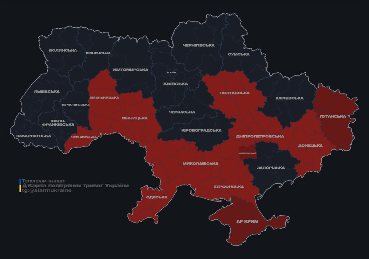 ‼️‼️🚨🚨🚨🚨🚨🚨🚨‼️‼️🇺🇦

A group of 'shaheds' in the south of 🚨 Vinnytsia, heading for 
🚨 Khmelnytskyi.
Unmanned aerial vehicles in the north of 
🚨 Mykolayiv Oblast and 
🚨 Odesa are moving in a 
🚨 westerly direction.
 Drones in the south of the 
🚨 Mykolayiv region -