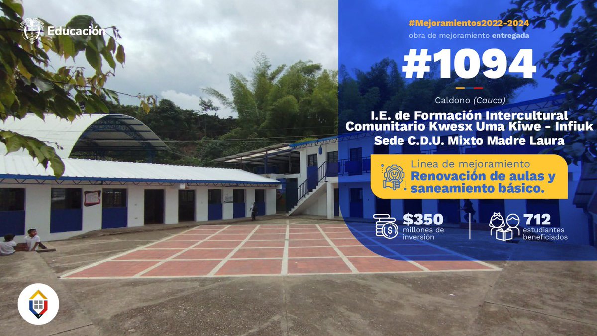 ⛰️¡En Corinto, #Cauca, creamos mejores espacios educativos para 712 estudiantes!🧒👧 🏫En la Institución Educativa de Formación Intercultural Comunitario Kwesx Uma Kiwe-Infiuk invertimos $350 millones para remodelar 14 aulas de clase, sala de docentes, baños y zonas de…