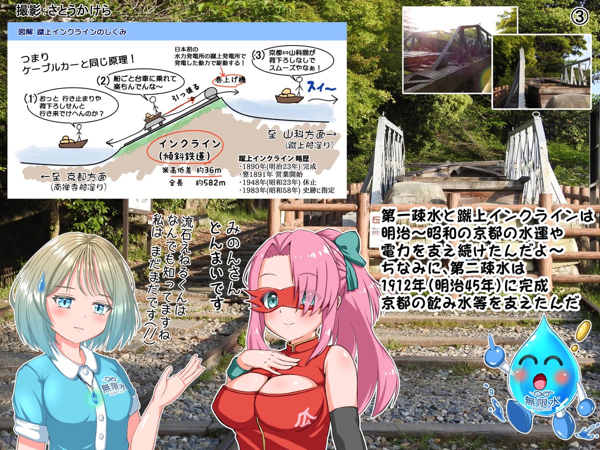 おはようございます、フィリスです😊☀️ 本日4月9日は、滋賀県の琵琶湖から京都に通る、#琵琶湖疎水開通の日 (第一疎水開通の日)ですね～ そこで、無限水（@mugensui_jp ）のみのんちゃんとえねるくんと三人で散歩にいってきました